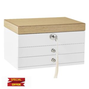 SONGMICS JOW15WN 3 Tier Jewellery Box Large Mirror 2 Drawers Lockable Gift for Rings