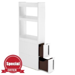 SONGMICS Narrow 3 Shelves 2 Drawers Recess Cabinet with Wheels for Kitchen Bathroom and Cellar 17cm Wide White KFR06WT