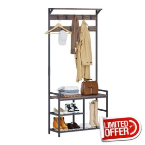 Leader Accessories Hallway Coat Stand Industrial Coat Rack free standing Hall Tree with Shoe Bench 9 Hooks Metal Frame 33"x12"x71.5"(L/W/H) Vintage Brow
