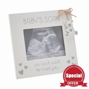 Baby Scan Frame - White with Grey Hearts & Hanging Bear Charm - 'We Can't Wait To Meet You’ - 4" x 3"