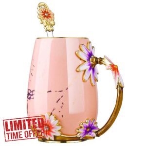 evecase Daisy Flower Ceramics Coffee Mugs Tea Cup with Steel Spoon