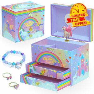 Style Girlz Musical Jewellery Box - Unicorn Jewellery Box For Girls - Large Kids Jewellery Music Box With 2 Pullout Drawers - Includes Unicorn Jewellery Bracelet & Rings - Birthday Gifts For Girls
