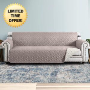Imperial Rooms Sofa Covers 4 Seater Waterproof Sofa Slipcovers – Reversible Quilted Sofa Protectors For Pets & Kids Adjustable Elastic Straps Sofa Cover (Beige-Cream)