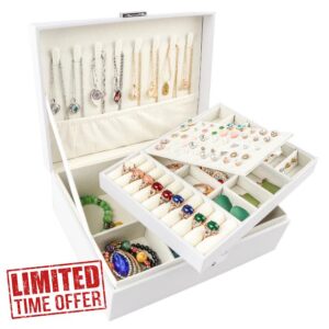 Homeanda Jewellery boxes 2 layer jewellery box Leather jewellery boxes for Women Girls Teens Jewelry organizer box Jewelry Storage box with lock((UG-White))