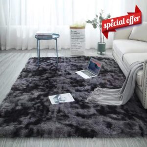 Blivener Soft Touch Area Rug Bedroom Anti-Skid Yoga Carpet Shaggy Rugs Fluffy Motley Tie-dye Carpets Dark Grey 200 x 300 cm