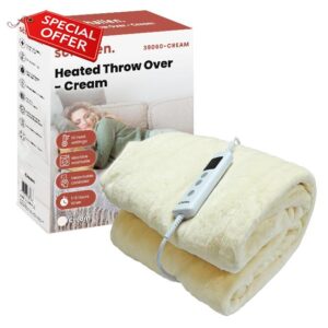 Schallen 120x160cm Soft Heated Warm Throw Over Blanket with Timer and 10 Heat Settings (cream)