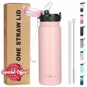 GOPPUS 600ml/20oz Stainless Steel Water Bottle with Straw Insulated Sports Bottle Cold Flask with Straw Double Walled Flip up Metal Water Bottles Leakproof Water Bottle for Gym Sports