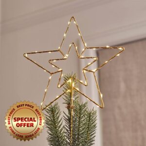Lights4fun Gold Star Tree Topper Christmas Decoration Warm White LED Battery Timer (D) 20cm Indoor Use