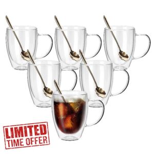JNSMFC Double Walled Glass Coffee Mugs with 6 Spoons
