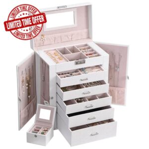 ANWBROAD 6 Tier Huge Jewellery Box Jewellery Organizer Box Display Storage Case Holder with Lock Mirror Girls Jewellery Box for Rings Necklaces Bracelets Earrings JJB004W