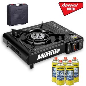 Munnie Black Portable Camping Stove with Cary Case & Butane Gas | Premium Camping Gas Stove | Camping Stove Gas Portable | Automatic Ignition & Heat Control (Stove + 5 Canisters)
