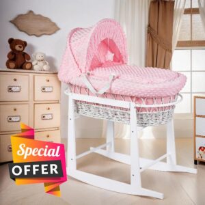 BABYMAM Moses Basket Wicker White Rocking Stand Baby Padded Dimple Pink Bedding Full Set with Mattress