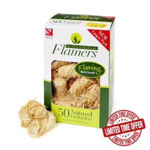 Flamers Firelighters - 50 Units Natural Fire Lighters for Wood Burner Firepit Bbq Pizza Oven Fireplace Chimenea Barbecue Fire Starter - Firestarter for Kiln Dried Kindling Log Coal Charcoal Briquette