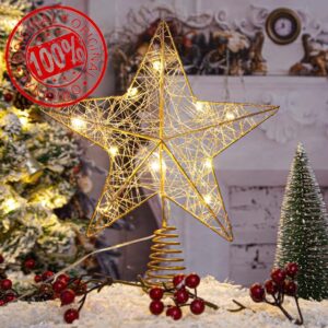 Christmas Star Tree Topper - Xmas Tree Topper Light with 10 LED Warm Lights - Rustic Farmhouse Metal Christmas Decorations - Xmas Gold Tree Topper - Christmas Tree Decorations Gifts