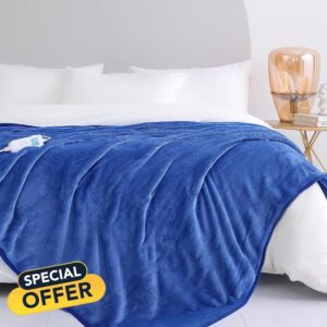 CORIWELL Electric Blanket Heated Throw - 150 x 200cm Warm Flannel Electric Heat Blanket for Sofa Bed - Blue Heating Overblanket with 10 Heat Settings & Timer