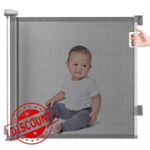 PRESTEL Retractable Stair Gate for Baby & Pet - Extends Upto 140cm Wide and 83cm Tall - No Drilling Sticky Pads - Easy to Roll and Latch for Stairs