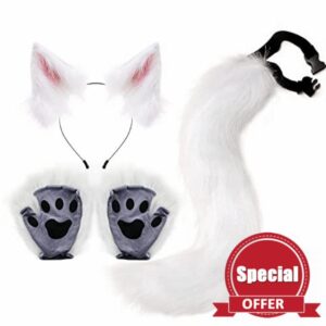 Mavikim Cat Ears Clip and Wolf Fox Tail Paws Gloves Animal Cosplay Kit Halloween Xmas Fancy Party Costume Adul