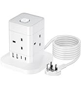 Tower Extension Lead with USB Slots 2M, 8 Way Outlets Multi Plug Extension Tower with 6 USB (2 Ty...