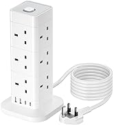 Hotimy 5M Tower Extension Lead with USB C, 8 Way (13A 3250W) & 4 USB Ports Multi Plug Extension S...