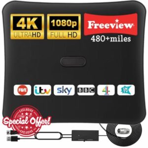 TV Aerial Indoor with 480+ Miles Long Range-Amplified Smart Digital 4K 1080P