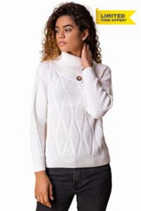 Roman Originals Winter Jumper for Women UK Ladies Sweater Split Neck Knitted Ribbed Pullover Chunky Knit Autumn Cowl Neckline Smart Casual Work Office Vintage Comfy Tunic Top
