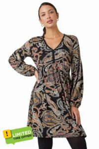 Roman Floral Print Stretch Jersey Dress for Women UK - Ladies Winter Autumn 3/4 Long Sleeve Knee Length V-Neck Casual Smart Gathered Waist A Line Swing Skater Cocktail Party