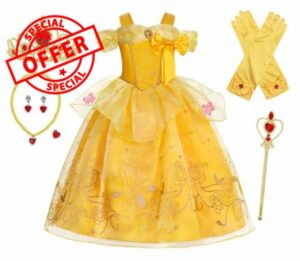 AdoraDouble Girls Princess Belle Dressing up Costume Fancy Dress Childs Party Outfit Kids Halloween Birthday Holiday Carnival Pretend Role Play Dress Outfits