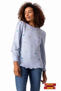 Roman Originals Floral Embroidered Scallop Hem Jumper for Women UK - Ladies Autumn Everyday Winter Holiday Pull-On Round Neck Long Sleeve Comfy Soft Vacation Work