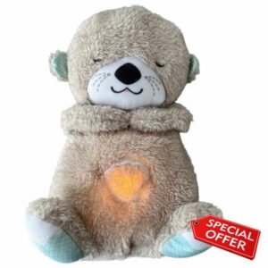 Qxiao Baby Sound Machine Soothe 'N Snuggle Otter Portable Plush Sleeping Otter Cuddly Toy with Breathing Movement & Music Lights Plush Slumber Otter Cuddly Toy Gifts for Newborn Babies