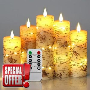 Da by Candle Lights LED Candles Hand Painted Birch Bark Recessed String Candles Set of 5 (Heights: 13/14/16/18/20cm) Battery Powered Candles with Dancing LED Flame 10 Button Remote Control
