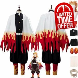 ZoikoM Anime Rengoku Kyoujurou Cosplay Costume Outfit Demon Slayer Kimono Cape Wig Keychain Complete Set Halloween Party Uniform Sui