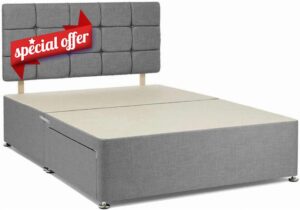 Grey Chenille Fabric Divan Bed Base with Headboard | Double Bed Frame with 20 Inches High Headboard and 4 Storage Drawers (4FT6 Double - 135 x 190 cm)