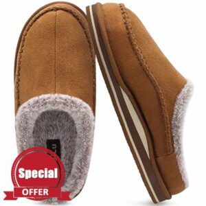 KuaiLu Mens Momery Foam Clog Slippers Comfy Handmade Stitch Microsuede Slip-on House Shoes With Arch Support Warm Faux Fur Lined Rubber Sole Indoor Outdoo