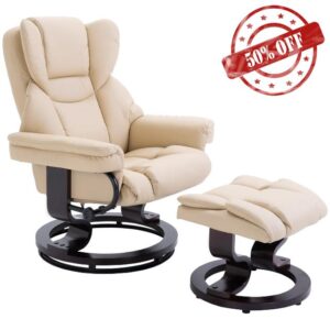 HOMCOM Reclining Swivel Armchair Footstool Set Sofa Padded PU Leather Relaxing Manual Duo Metal Frame Bentwood Base Cream