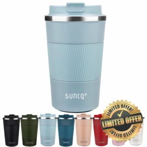 SUNTQ Reusable Coffee Cups Travel 510ml Coffee Travel Mug with Leakproof Lid - Thermal Mug Insulated Cup - Stainless Steel Travel Cup with Rubber Grip for Hot and Cold Drinks Light Blue