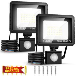 2Pcs Security Lights Outdoor Motion Sensor - 30w Pir LED Floodlight Outside Light Mains Powered - External Flood & Spot Lighting Waterproof Exterior Spotlight Garden Garage Backyard Movement Detecto