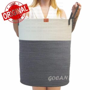 GOCAN large tall sturdier Laundry Hamper Basket Woven Storage Baskets for clothes Pillows Blanket Toy in living or bed room decoration H50XD38cm grey/beige