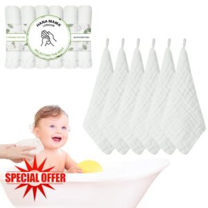 HANA MAMA LONDON Premium 100% Organic Cotton Thick Baby Wash Cloths for Newborn 6 Layers Muslin with Hanging Loop Design Newborn Baby Essentials (Pack of 6 pcs