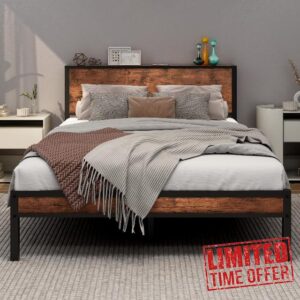 DUMEE Double Bed Frame with Wooden Storage Shelf Headboard