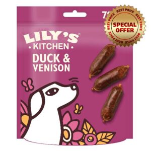 Lily’s Kitchen Made with Natural Ingredients Adult Dog Treats Packet Scrumptious Duck with Venison Sausages Grain-Free Recipes (8 Packs x 70g)
