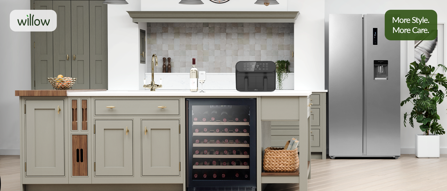 Green kitchen with Willow appliances including air fryer, wine cooler & american fridge freezer