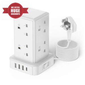 Tower Extension Lead 3M with 8 Way Multi Plug Extension Tower & 4 USB Ports (13A 3250W)