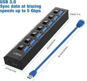 USB 3.0 Data Hub with Individual On/Off Power Switches and Lights Portable USB Extension Hub for PC Laptop and More