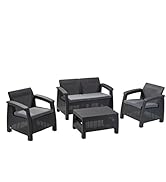 Keter Corfu Outdoor Rattan Sofa Furniture Set with Accent Table, Graphite, 5 Seater Set