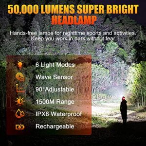 Super Bright 50000LM 6 Modes LED Headlight with Red Warning Light Motion Sensor