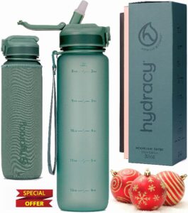 Hydracy Water Bottle with Times to Drink & Straw - Large 1 Litre BPA Free Motivational Water Bottle & No Sweat Sleeve -Leak Proof Gym Bottle with Time Marker - Ideal for Fitness