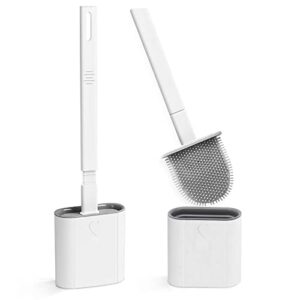 2 Pack Bathroom Silicone Toilet Brushes and Holder Sets with No-Slip Long Plastic Handle and Soft Flexible Bristles
