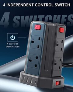 Multi Plug Extension 8 Outlets and 4 USB (1 Type C & 3 USB Ports) [13A 3250W] Surge Protector Extension Lead with Widely Spaced Outlets for Home