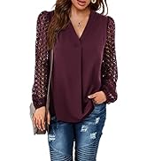 BeLuring Womens Lace Long Sleeve Tops Plain V Neck T Shirts Loose Casual Blouse Dressy Tunic Shirt