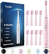 7am2m Sonic Electric Toothbrush for Adults and Kids, with Travel Case and 8 Brush Heads, 5 Modes ...
